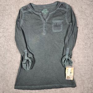 NWT Mudd Womens Blue Green Henley Roll Tab Pocket Tunic Y2K Bella Size Large
